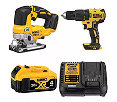 Taladro inalámbrico 13mm 20V brushless + caladora inalámbrica 20V MAX XR + batería XR 4.0Ah + cargador