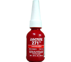 Loctite 271 - 10 ml. Traba de alta resistencia y baja viscosidad, utilizada en aquellas piezas que deban soportar grandes esfuerzos y poco mantenimiento. Para roscas de hasta 1" de diámetro. Se aflojan con temperatura.