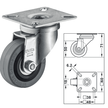 Rueda para muebles pesados orientable hasta 40Kg Ø50mm Galvanizada.