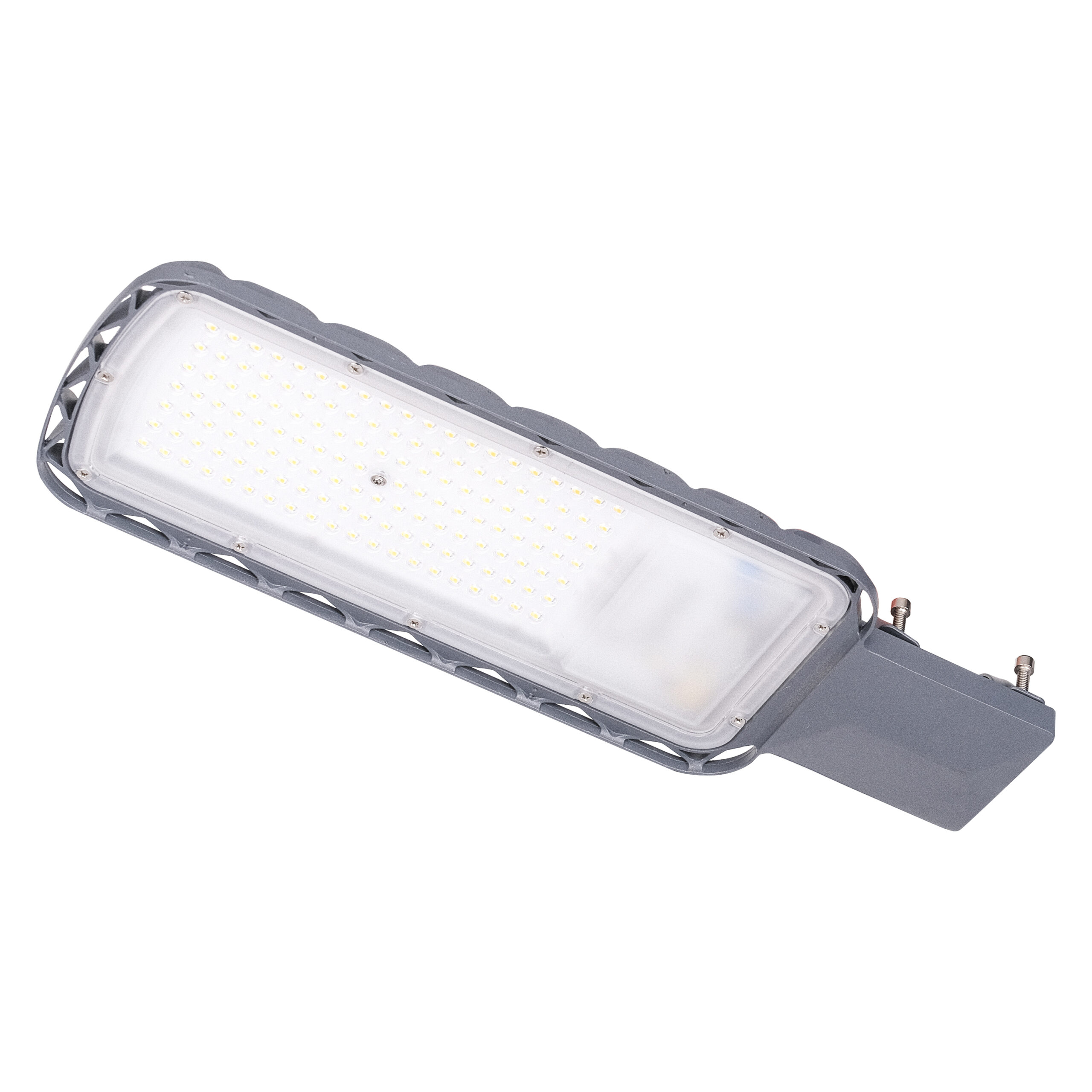 Luminaria alumbrado público Eco Lite 100W 11000 lm Luz Fría, cantidad por caja 8 unidades, vida útil 25000hs. Grado de protección IP65, material de luminaria aluminio, material del difusor Policarbonato. 2 años de garantía. Dimensiones 170x455mm.