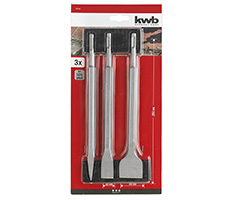 Juego de 3 cinceles SDS, Contiene; 1 cincel en punta - 1 cincel plano 20mm y 1 cincel pala ancha de 40mm, Ideal para rotomartillos a bateria.
