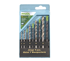 Set de 9 mechas para metal 3 a 8mm y concreto 4 a 8mm. Contiene: Mechaspara metal de 3 - 4 - 5 - 6 - 8mm y mechas para concreto de 4 - 5 - 6 -8mm